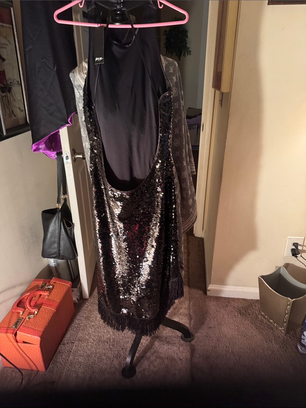 Nasty Gal Black Sequined Backless Fringe Slip Dress